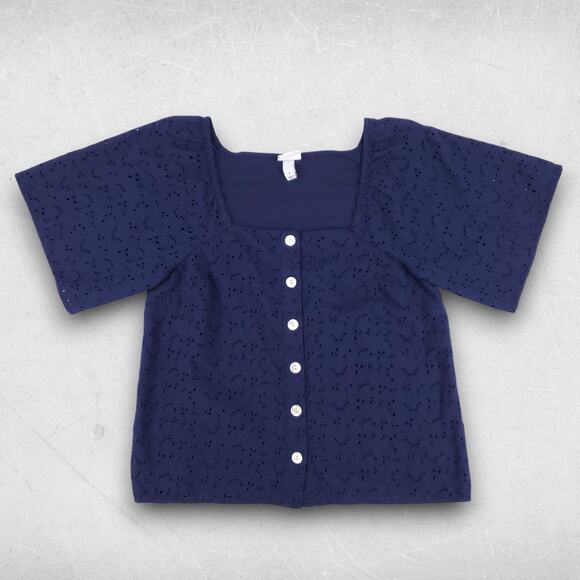 A New Day Eyelet Blouse Top Sz S Navy Button Down Short Sleeve Cottage Coquette - Picture 1 of 8